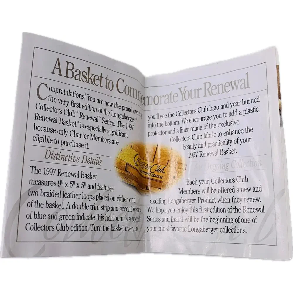 Longaberger 1997 Collectors Club RENEWAL Basket with Liner Protector Flyer